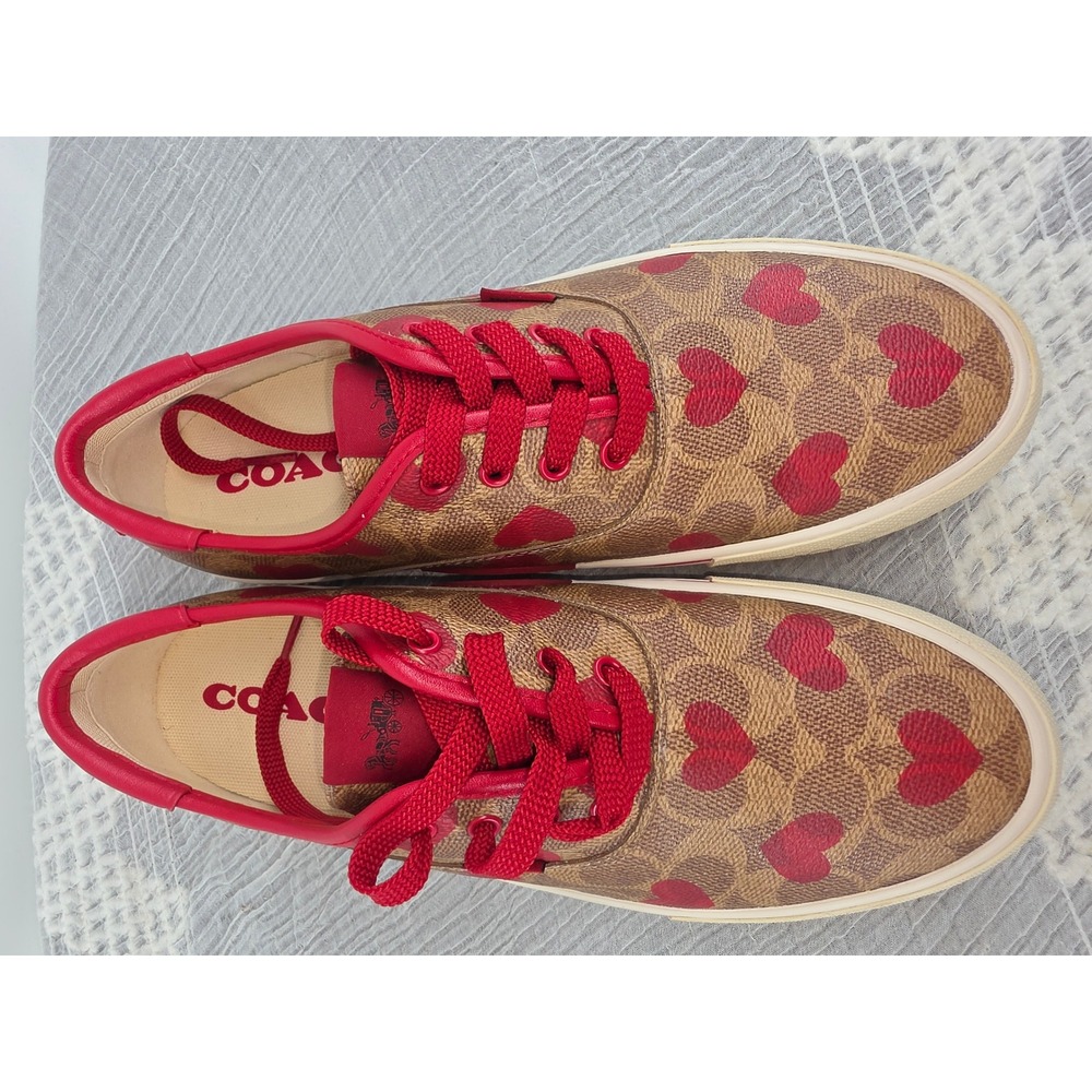 Coach Signature Monogram Heart Print Low Top Sneakers Tan Red C9056 Mens 8.5